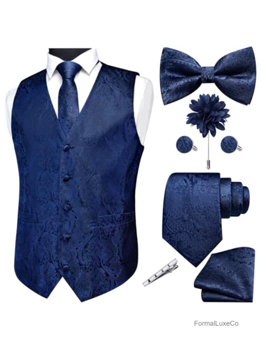 Men's Paisley Floral Vest Tie Bowtie Pocket Square Cufflinks 7PC Formal Set